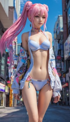 1girl,solo,long hair,breasts,looking at viewer,bangs,long sleeves,navel,cleavage,bare shoulders,twintails,brown eyes,jewelry,medium breasts,closed mouth,standing,collarbone,jacket,swimsuit,pink hair,bikini,earrings,outdoors,open clothes,sky,choker,day,pink eyes,off shoulder,stomach,hair bun,blurry,open jacket,lips,looking to the side,double bun,blurry background,white bikini,blue bikini,city,realistic,blue eyes,hair ornament,small breasts,road,street,pink choker