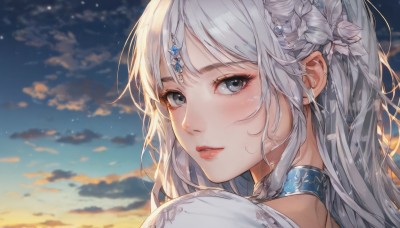 1girl,solo,long hair,looking at viewer,blush,bangs,hair ornament,jewelry,closed mouth,braid,flower,white hair,grey hair,outdoors,parted lips,sky,choker,looking back,cloud,hair flower,blurry,collar,lips,looking to the side,grey eyes,eyelashes,makeup,blurry background,cloudy sky,gem,portrait,star (sky),close-up,sunset,circlet,red lips,head chain