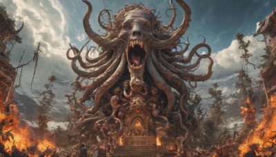 open mouth,outdoors,sky,teeth,day,cloud,tree,no humans,cloudy sky,fire,building,scenery,tentacles,smoke,monster,fantasy,giant,ruins,house,eldritch abomination,signature,plant