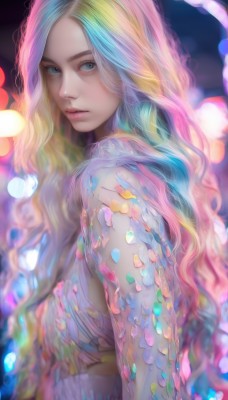 1girl,solo,long hair,breasts,looking at viewer,blue eyes,blonde hair,medium breasts,closed mouth,blue hair,upper body,pink hair,multicolored hair,artist name,blurry,from side,two-tone hair,lips,looking to the side,grey eyes,depth of field,blurry background,wavy hair,monster girl,realistic,nose,mermaid,bokeh,rainbow hair,mole,eyelashes,mole under eye,watermark,web address,forehead,colorful