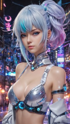 1girl,solo,breasts,looking at viewer,short hair,bangs,blue eyes,hair ornament,cleavage,bare shoulders,jewelry,medium breasts,underwear,blue hair,jacket,swimsuit,upper body,ponytail,sidelocks,bikini,multicolored hair,earrings,parted lips,open clothes,shiny,artist name,off shoulder,bra,blurry,side ponytail,two-tone hair,lips,streaked hair,makeup,blurry background,armlet,science fiction,city,realistic,nose,city lights,cyberpunk,navel,closed mouth,pink hair,grey hair,small breasts,outdoors,detached sleeves,signature,armor,eyelashes,gradient hair,detached collar,night,arm strap,bikini armor,neon lights