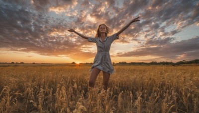 1girl,solo,smile,short hair,open mouth,brown hair,shirt,dress,standing,closed eyes,outdoors,sky,cloud,arms up,happy,sunlight,cloudy sky,grass,outstretched arms,scenery,sunset,spread arms,sun,field,twilight,white shirt,short sleeves,:d,medium hair,white dress,wind,evening