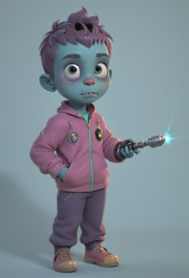 solo,looking at viewer,simple background,1boy,holding,jewelry,green eyes,standing,jacket,full body,weapon,purple hair,male focus,earrings,shoes,teeth,pants,artist name,hood,holding weapon,gun,colored skin,sharp teeth,child,holding gun,freckles,hand in pocket,blue skin,electricity,stud earrings,pink jacket,male child,green skin,short hair,pink hair,hoodie,thick eyebrows,sneakers,zipper,monster boy,pink hoodie