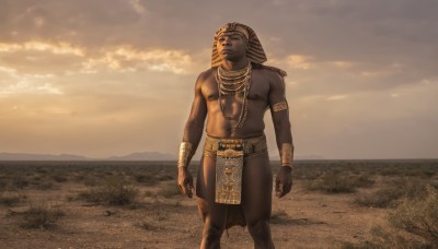 solo,1boy,navel,jewelry,nipples,standing,male focus,outdoors,sky,cloud,dark skin,bracelet,looking to the side,muscular,feet out of frame,colored skin,abs,dark-skinned male,cloudy sky,pectorals,muscular male,pelvic curtain,armlet,topless male,sand,loincloth,black skin,egyptian,egyptian clothes,desert,necklace,parody,helmet,sunset,realistic,horizon