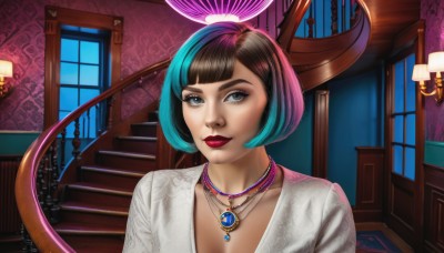 1girl,solo,looking at viewer,smile,short hair,bangs,blue eyes,brown hair,black hair,jewelry,blue hair,upper body,pink hair,multicolored hair,choker,indoors,blunt bangs,necklace,two-tone hair,lips,streaked hair,grey eyes,window,makeup,bob cut,lipstick,gem,pendant,eyeshadow,stairs,nose,red lips,lamp,eyeliner,mascara,breasts,cleavage,closed mouth,artist name,eyelashes,aqua hair,curtains,portrait,realistic,chandelier