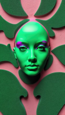 1girl,solo,looking at viewer,1boy,green eyes,upper body,male focus,wings,lips,bodysuit,makeup,colored skin,lipstick,head wings,portrait,eyeshadow,realistic,bald,green skin,green theme,green hair,eyelashes,pink background,green background,green lips