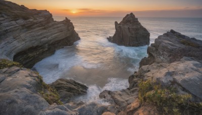 outdoors,sky,cloud,signature,water,tree,no humans,ocean,sunlight,nature,scenery,sunset,rock,mountain,sun,horizon,river,waterfall,landscape,orange sky,cliff,cloudy sky,waves,shore