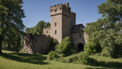 outdoors,sky,day,tree,blue sky,no humans,grass,building,nature,scenery,forest,ruins,cloud,rock,bush,castle,path,arch,moss