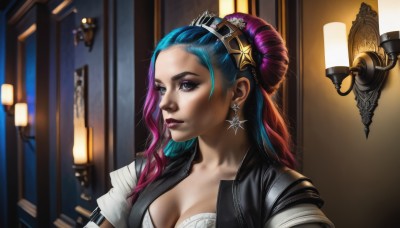 1girl,solo,long hair,breasts,blue eyes,hair ornament,cleavage,jewelry,medium breasts,underwear,blue hair,collarbone,jacket,upper body,pink hair,purple hair,multicolored hair,hairband,earrings,parted lips,open clothes,indoors,hair bun,star (symbol),bra,two-tone hair,open jacket,lips,black jacket,gradient hair,makeup,lipstick,white bra,realistic,nose,red lips,lamp,leather,leather jacket,alternate costume,single hair bun,eyeshadow,star earrings