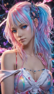 1girl,solo,long hair,breasts,looking at viewer,bangs,blue eyes,hair ornament,gloves,dress,cleavage,bare shoulders,jewelry,medium breasts,closed mouth,underwear,blue hair,collarbone,upper body,pink hair,multicolored hair,earrings,artist name,white gloves,necklace,bra,blurry,two-tone hair,lips,see-through,eyelashes,makeup,one side up,piercing,ring,strap slip,pink lips,realistic,nose,mascara,swimsuit,gradient hair,watermark,gem,ear piercing