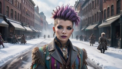 1girl,looking at viewer,short hair,blue eyes,multiple girls,jewelry,standing,weapon,pink hair,purple hair,multicolored hair,earrings,outdoors,multiple boys,sky,solo focus,day,sword,necklace,vest,two-tone hair,lips,coat,fur trim,makeup,lipstick,brooch,building,snow,eyeshadow,walking,6+boys,epaulettes,snowing,city,realistic,winter,purple lips,crowd,footprints,hat,boots,alternate costume,cloud,from behind,eyelashes,6+girls,piercing,feathers,ear piercing,scenery,road,undercut,multiple others,badge,street,mohawk,people