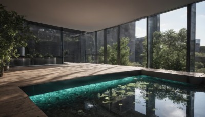 outdoors,sky,day,cloud,indoors,water,tree,no humans,window,sunlight,plant,building,scenery,reflection,ruins,blue sky,reflective water