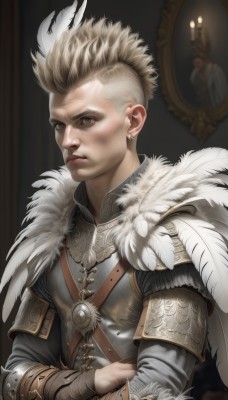 solo,looking at viewer,short hair,blonde hair,long sleeves,1boy,brown eyes,jewelry,closed mouth,upper body,male focus,earrings,cape,armor,blurry,lips,grey eyes,fur trim,feathers,shoulder armor,realistic,vambraces,stud earrings,candle,bracer,chainmail,blue eyes,simple background,artist name,necklace,spiked hair,black background,fur collar,mohawk