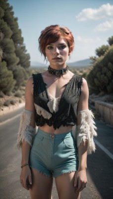 1girl,solo,breasts,looking at viewer,short hair,brown hair,shirt,navel,brown eyes,jewelry,standing,red hair,cowboy shot,outdoors,parted lips,sky,shorts,choker,day,midriff,necklace,blurry,collar,bracelet,tree,blue sky,lips,torn clothes,short shorts,blurry background,feathers,denim,black nails,freckles,blue shorts,denim shorts,realistic,nose,arms at sides,cutoffs,cleavage,green eyes,collarbone,earrings,teeth,vest,road