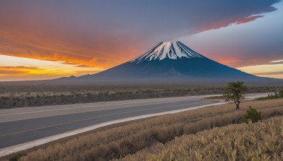 outdoors,sky,cloud,tree,blue sky,no humans,cloudy sky,grass,nature,scenery,forest,sunset,mountain,horizon,road,field,landscape,mountainous horizon,path,hill,evening,orange sky,mount fuji