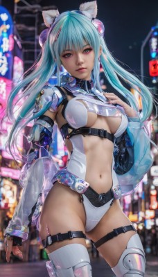 1girl,solo,long hair,breasts,looking at viewer,bangs,thighhighs,gloves,navel,animal ears,twintails,jewelry,medium breasts,green eyes,blue hair,cowboy shot,earrings,parted lips,detached sleeves,cat ears,fingerless gloves,blurry,leotard,lips,see-through,aqua hair,thigh strap,blurry background,science fiction,realistic,cyberpunk,standing,outdoors,belt,signature,makeup,night,fake animal ears