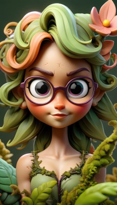 1girl,solo,long hair,breasts,looking at viewer,blush,smile,open mouth,hair ornament,dress,bare shoulders,purple eyes,collarbone,upper body,flower,multicolored hair,small breasts,green hair,glasses,sleeveless,artist name,hair flower,two-tone hair,lips,eyelashes,makeup,leaf,plant,monster girl,pink flower,freckles,vines,dirty,plant girl,cleavage,closed mouth,green eyes,wings,watermark,anger vein,web address,angry