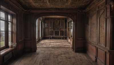 sky,day,cloud,indoors,no humans,window,chair,table,sunlight,plant,building,scenery,wooden floor,stairs,door,architecture,pillar,carpet,tree,rain,candle,tile floor,vase,painting (object),floor,candlestand,chandelier,wood,wooden chair