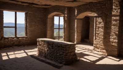 outdoors,sky,day,indoors,no humans,window,shadow,sunlight,scenery,shade,wall,pillar,arch,cloud,water,blue sky,ocean,plant,horizon,ruins,brick wall,column