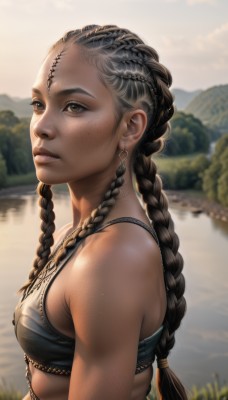 1girl,solo,long hair,breasts,brown hair,black hair,bare shoulders,brown eyes,jewelry,upper body,braid,earrings,small breasts,outdoors,day,artist name,dark skin,water,necklace,blurry,twin braids,from side,dark-skinned female,lips,blurry background,freckles,realistic,nose,river,lake,multiple braids,sky,facial mark,mountain