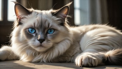 HQ,looking at viewer,blue eyes,closed mouth,lying,indoors,signature,blurry,no humans,window,depth of field,blurry background,animal,cat,on stomach,curtains,slit pupils,realistic,animal focus,whiskers,solo,close-up,white fur