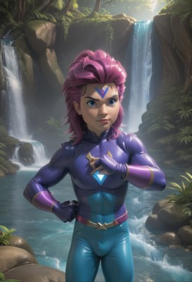 1girl,solo,breasts,looking at viewer,smile,short hair,blue eyes,gloves,medium breasts,closed mouth,standing,pink hair,cowboy shot,outdoors,day,shiny,belt,artist name,fingerless gloves,medium hair,water,tree,lips,bodysuit,watermark,gem,nature,skin tight,web address,forest,rock,waterfall,blue bodysuit,purple hair,alternate costume,leaf,facial mark,clenched hand,forehead jewel