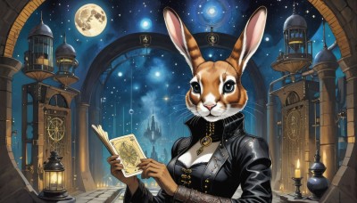 1girl,solo,breasts,looking at viewer,large breasts,long sleeves,holding,animal ears,cleavage,jewelry,medium breasts,closed mouth,jacket,upper body,outdoors,sky,necklace,rabbit ears,black eyes,black jacket,book,night,animal,scar,moon,star (sky),night sky,corset,furry,full moon,pendant,starry sky,holding book,cropped jacket,rabbit,high collar,open book,furry female,clock,reading,candle,body fur,leather,lamppost,animal nose,tower,bustier,leather jacket,arch,clock tower,blue eyes,gloves,rabbit girl,white fur,whiskers,constellation