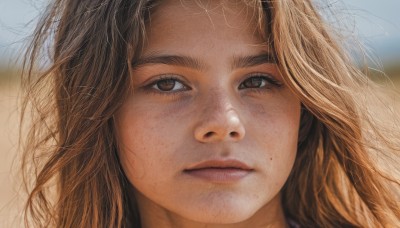 1girl,solo,long hair,looking at viewer,blonde hair,brown hair,brown eyes,closed mouth,outdoors,parted lips,day,mole,blurry,lips,depth of field,blurry background,messy hair,portrait,mole under mouth,close-up,freckles,realistic,nose,mole on cheek,bangs,eyelashes,expressionless