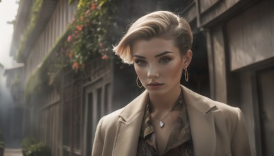 1girl,solo,looking at viewer,short hair,blonde hair,shirt,brown eyes,jewelry,jacket,upper body,earrings,outdoors,parted lips,day,collared shirt,necklace,mole,blurry,lips,coat,eyelashes,makeup,depth of field,blurry background,lipstick,building,hoop earrings,realistic,nose,red lips,brown hair,window,sunlight,thick eyebrows,pendant,eyeshadow,brown jacket,very short hair