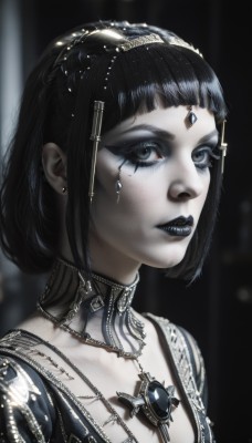 1girl,solo,breasts,looking at viewer,short hair,bangs,blue eyes,black hair,hair ornament,cleavage,jewelry,closed mouth,upper body,earrings,small breasts,choker,shiny,artist name,blunt bangs,necklace,mole,blurry,black eyes,lips,grey eyes,eyelashes,mole under eye,makeup,blurry background,colored skin,facial mark,piercing,lipstick,gem,pale skin,portrait,eyeshadow,circlet,nose,red lips,eyeliner,blue gemstone,mascara,blue lips,black lips,braid,parted lips,heterochromia,cross,gold trim,realistic