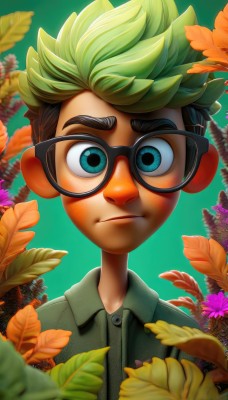 solo,looking at viewer,short hair,blue eyes,brown hair,shirt,1boy,closed mouth,green eyes,upper body,flower,male focus,multicolored hair,green hair,glasses,collared shirt,blurry,two-tone hair,aqua eyes,leaf,thick eyebrows,portrait,freckles,green background,black-framed eyewear,green shirt,purple flower,male child,straight-on,artist name,watermark,plant,web address