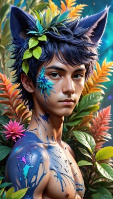 solo,looking at viewer,short hair,bangs,black hair,1boy,animal ears,brown eyes,jewelry,closed mouth,nipples,blue hair,upper body,flower,male focus,earrings,artist name,cat ears,signature,mole,blurry,black eyes,lips,fox ears,eyelashes,tattoo,leaf,facial mark,pectorals,plant,extra ears,topless male,realistic,nose,stud earrings,watermark,web address,bodypaint