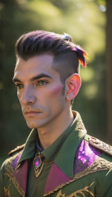 solo,short hair,shirt,black hair,1boy,brown eyes,jewelry,closed mouth,jacket,upper body,male focus,multicolored hair,earrings,collared shirt,blurry,black eyes,lips,grey eyes,blurry background,facial hair,brooch,portrait,green jacket,realistic,green shirt,undercut,hair ornament,green eyes,necktie,artist name,signature,black shirt,depth of field,expressionless,sunlight,thick eyebrows,feathers,gem,stud earrings,hair slicked back