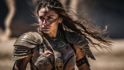 1girl,solo,long hair,breasts,brown hair,black hair,brown eyes,closed mouth,upper body,dark skin,armor,blurry,dark-skinned female,lips,looking to the side,floating hair,blurry background,wind,shoulder armor,armlet,pauldrons,breastplate,realistic,gorget,facial mark,serious,forehead mark