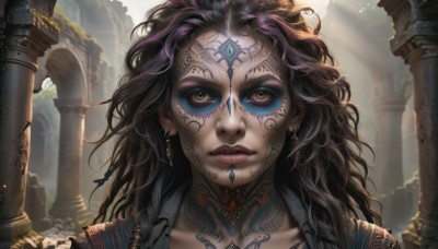 1girl,solo,long hair,looking at viewer,black hair,brown eyes,jewelry,closed mouth,green eyes,collarbone,yellow eyes,upper body,purple hair,earrings,outdoors,day,artist name,blurry,lips,eyelashes,tattoo,makeup,depth of field,blurry background,wavy hair,facial mark,expressionless,piercing,sunlight,lipstick,messy hair,gem,portrait,close-up,eyeshadow,freckles,realistic,nose,red lips,facepaint,ruins,facial tattoo,pillar,mascara,arch,column,multicolored hair,choker,curly hair