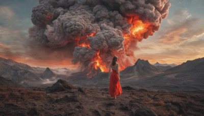 1girl, solo, long hair, skirt, black hair, standing, outdoors, sky, cloud, from behind, red skirt, fire, scenery, long skirt, mountain, wide shot, molten rock