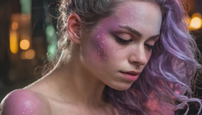 1girl,solo,long hair,closed mouth,collarbone,closed eyes,purple hair,grey hair,multicolored hair,parted lips,artist name,blurry,two-tone hair,lips,wet,eyelashes,makeup,depth of field,blurry background,watermark,wavy hair,portrait,web address,eyeshadow,freckles,realistic,nose,bare shoulders,upper body,looking down,close-up,bokeh