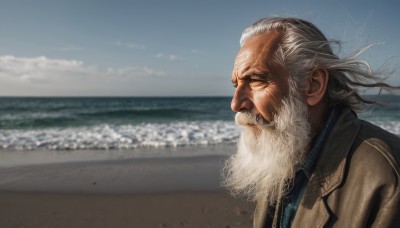 solo,1boy,closed mouth,upper body,white hair,grey hair,male focus,outdoors,necktie,sky,day,cloud,water,blurry,from side,profile,blurry background,facial hair,ocean,beach,wind,beard,realistic,mustache,sand,old,old man,wrinkled skin,jacket,signature,tree,blue sky,coat,grey eyes,depth of field,scar,cloudy sky,scar on face,brown jacket,scar across eye,horizon,looking afar,waves,shore