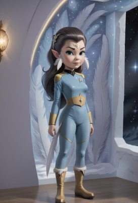 1girl,solo,long hair,breasts,looking at viewer,blue eyes,brown hair,black hair,hair ornament,jewelry,standing,full body,earrings,small breasts,boots,pointy ears,star (symbol),uniform,lips,bodysuit,facial mark,feathers,star (sky),snow,star hair ornament,feather hair ornament,wings,sky,artist name,fur trim,night,watermark,brown footwear,aged down,night sky,starry sky,blue bodysuit,fur-trimmed boots