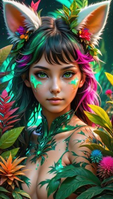 1girl,solo,long hair,breasts,looking at viewer,bangs,large breasts,black hair,hair ornament,animal ears,cleavage,medium breasts,closed mouth,green eyes,upper body,pink hair,purple hair,flower,nude,multicolored hair,green hair,artist name,cat ears,signature,hair flower,blurry,two-tone hair,lips,animal ear fluff,fox ears,eyelashes,gradient hair,makeup,leaf,watermark,facial mark,plant,lipstick,web address,eyeshadow,freckles,pink lips,realistic,nose,eyeliner,facepaint,orange flower,mascara,bare shoulders,jewelry,collarbone,earrings,nature,light particles,extra ears