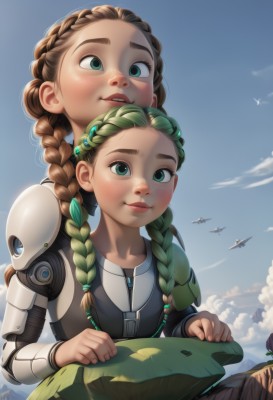 long hair,blush,smile,multiple girls,brown hair,2girls,green eyes,braid,multicolored hair,outdoors,parted lips,green hair,sky,day,artist name,cloud,necklace,armor,twin braids,blue sky,lips,bird,siblings,leaf,looking up,sisters,child,hair over shoulder,freckles,aircraft,nose,biting,mechanical arms,cyborg,single mechanical arm,lip biting,prosthetic arm,1girl,looking at viewer,hair ornament,long sleeves,closed mouth,upper body,teeth,signature,cloudy sky,aged down,mountain,dirty