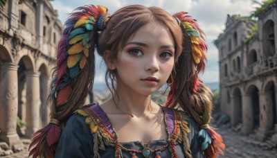 1girl,solo,long hair,looking at viewer,blush,bangs,brown hair,hair ornament,twintails,brown eyes,jewelry,collarbone,upper body,braid,earrings,outdoors,parted lips,sky,day,cloud,necklace,blurry,twin braids,lips,eyelashes,makeup,depth of field,blurry background,feathers,building,portrait,freckles,realistic,feather hair ornament,pillar,dress,blue sky,sunlight,cloudy sky,gem,forehead,nose,arch,traditional clothes