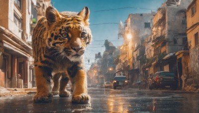 outdoors,sky,day,blue sky,no humans,bird,animal,sunlight,cat,ground vehicle,building,scenery,motor vehicle,city,sign,realistic,car,road,power lines,lamppost,street,utility pole,tiger,puddle,traffic light,signature,window,lens flare,chinese zodiac,year of the tiger,oversized animal