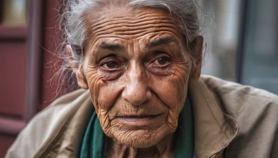 solo,looking at viewer,shirt,1boy,closed mouth,upper body,white hair,grey hair,male focus,indoors,blurry,black eyes,depth of field,blurry background,messy hair,portrait,realistic,labcoat,old,old man,old woman,wrinkled skin,artist name,signature,lips,coat,grey eyes,facial hair,scar,brown coat