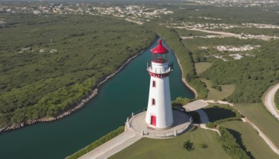 outdoors,day,water,tree,no humans,shadow,from above,grass,building,nature,scenery,forest,road,architecture,bridge,river,castle,tower,landscape,lake,path,ocean,city,shore,lighthouse