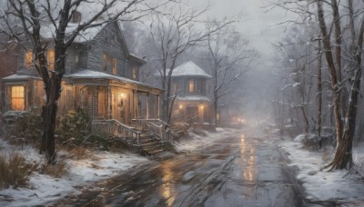 outdoors,sky,water,tree,no humans,window,building,scenery,snow,reflection,snowing,fence,door,road,house,winter,bridge,lamppost,bare tree,river,cloud,nature,path