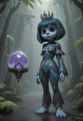 1girl,solo,breasts,looking at viewer,short hair,bangs,black hair,bare shoulders,jewelry,closed mouth,blue hair,standing,purple eyes,full body,small breasts,outdoors,barefoot,pointy ears,blunt bangs,pink eyes,nail polish,tree,fingernails,colored skin,bob cut,crown,monster girl,gem,nature,black nails,claws,forest,toenails,crystal,blue skin,sharp fingernails,fewer digits,sharp toenails,detached sleeves,lips,makeup,leaf