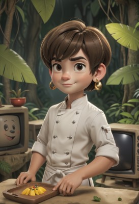 1girl,solo,looking at viewer,smile,short hair,brown hair,shirt,1boy,holding,brown eyes,jewelry,closed mouth,white shirt,upper body,male focus,earrings,outdoors,food,indoors,apron,tree,buttons,fruit,leaf,table,thick eyebrows,plant,child,nature,androgynous,freckles,male child,television,chef,blush,artist name,lips,sleeves rolled up,nose