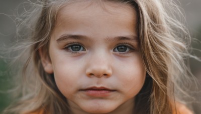 1girl,solo,long hair,looking at viewer,blue eyes,blonde hair,closed mouth,blurry,lips,grey eyes,eyelashes,blurry background,messy hair,portrait,close-up,forehead,realistic,nose,expressionless