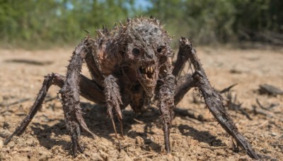 solo,weapon,outdoors,teeth,day,blurry,tree,gun,no humans,depth of field,blurry background,robot,sharp teeth,claws,spikes,science fiction,monster,realistic,extra eyes,alien,dinosaur,open mouth,skull,bone,horror (theme)